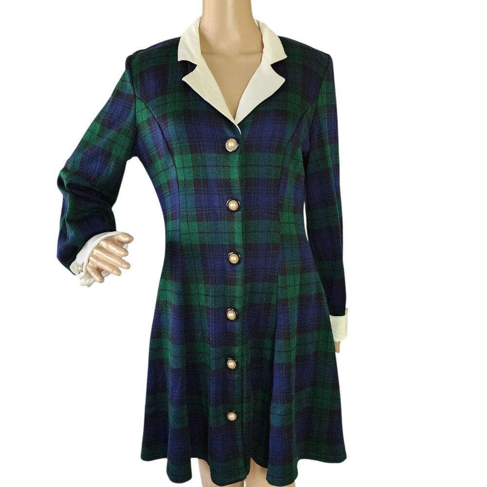 Vintage 90s Byer Too! Green Plaid Button Long Sleeve Dress Medium (Tag Size 13)